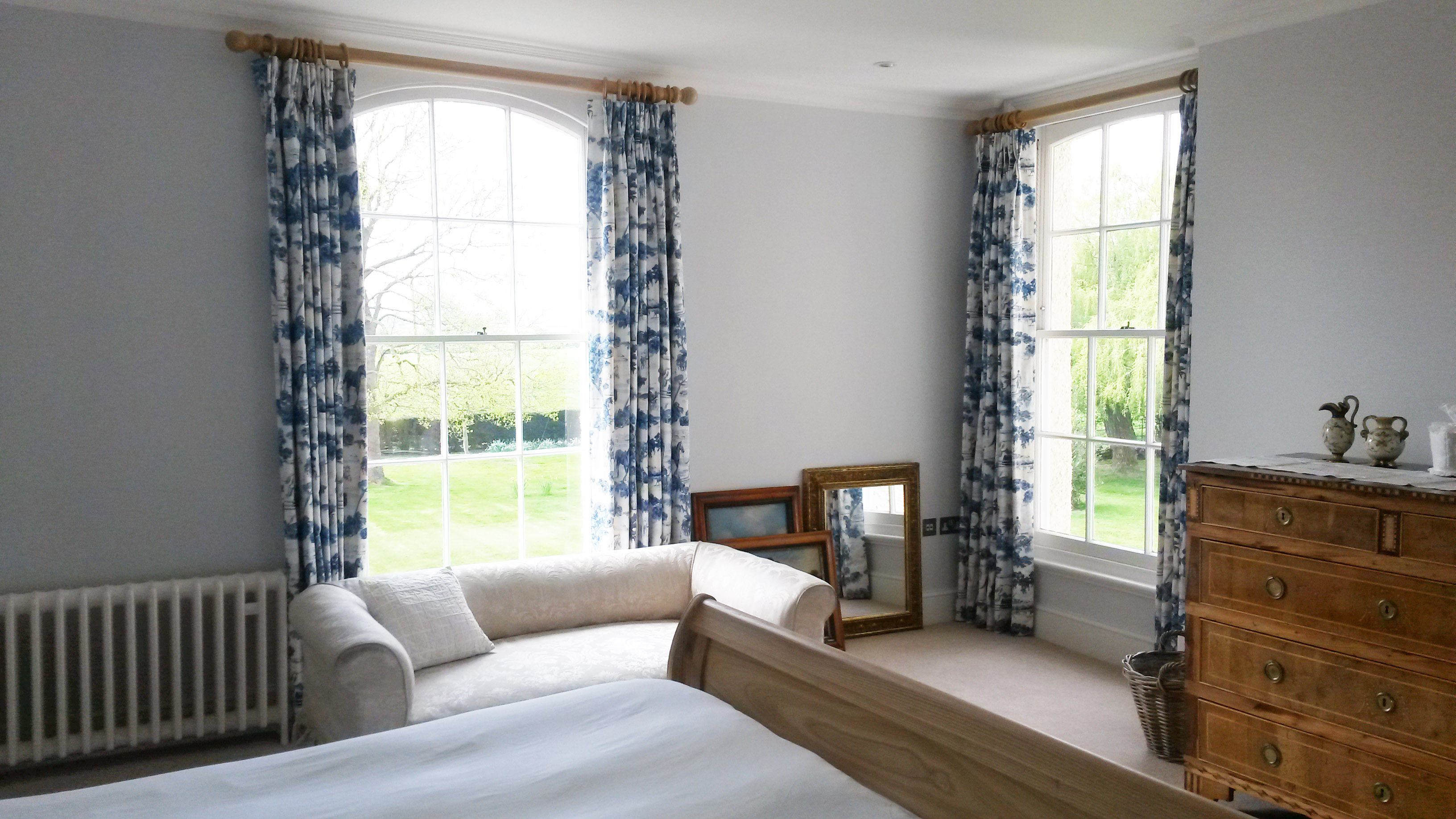 Toile de jouy lined and interlined triple / pinch pleat made to measure curtains, Dumbleton