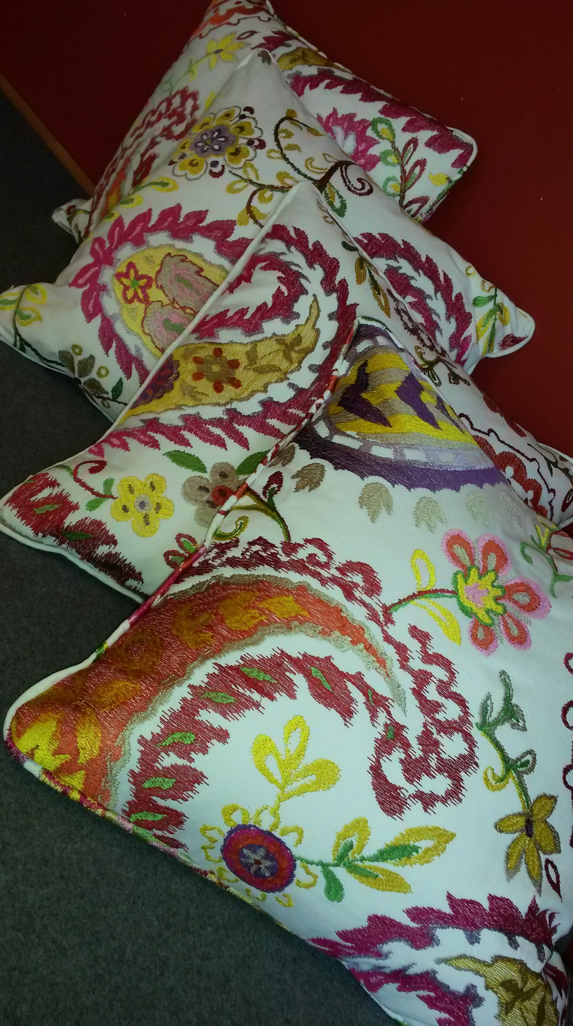 Bespoke piped and zipped cushions in Baker Makasar fabric