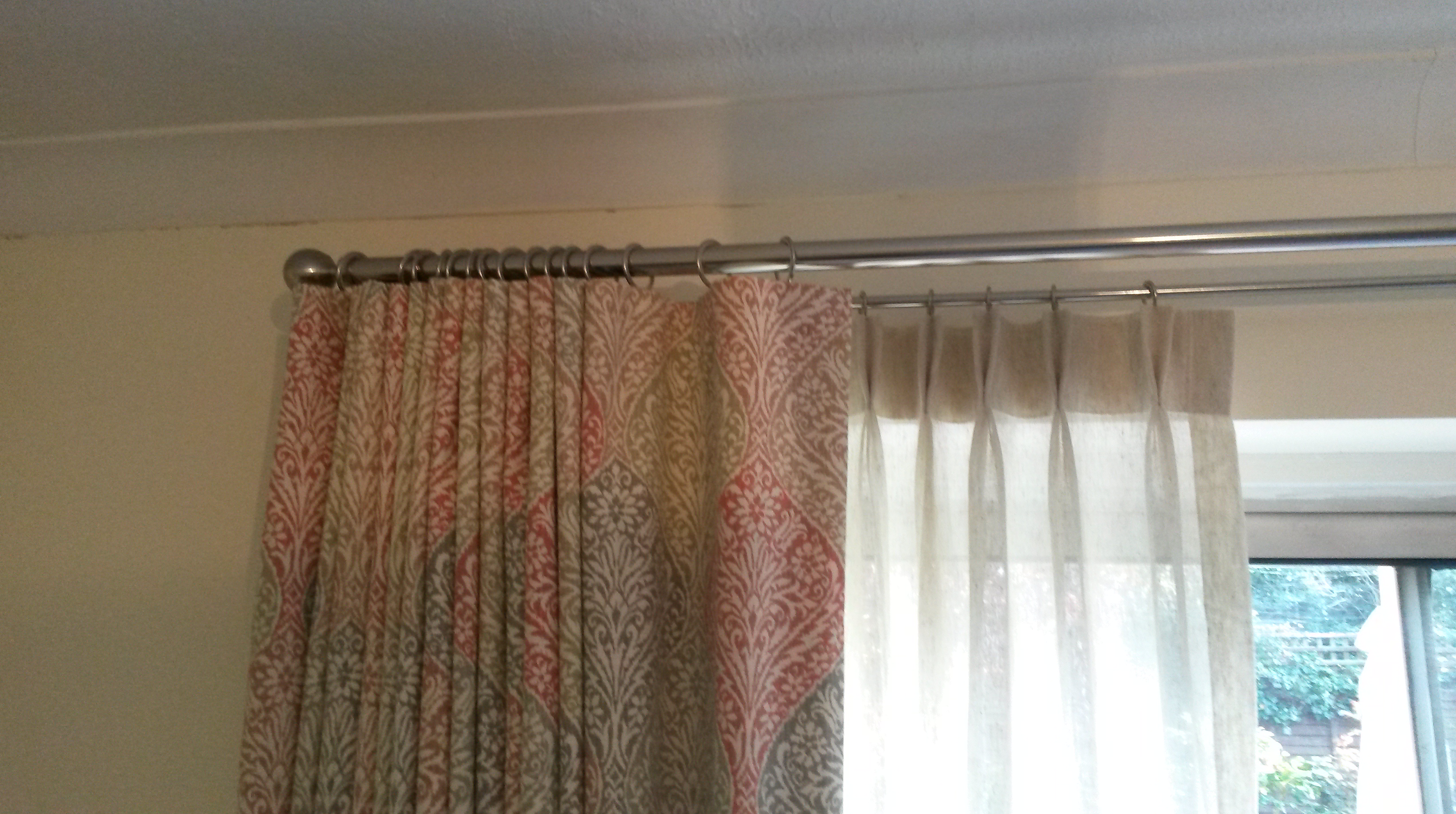 Double curtain pole - mock wave curtain and double pleat linen voile, Bishops Cleeve