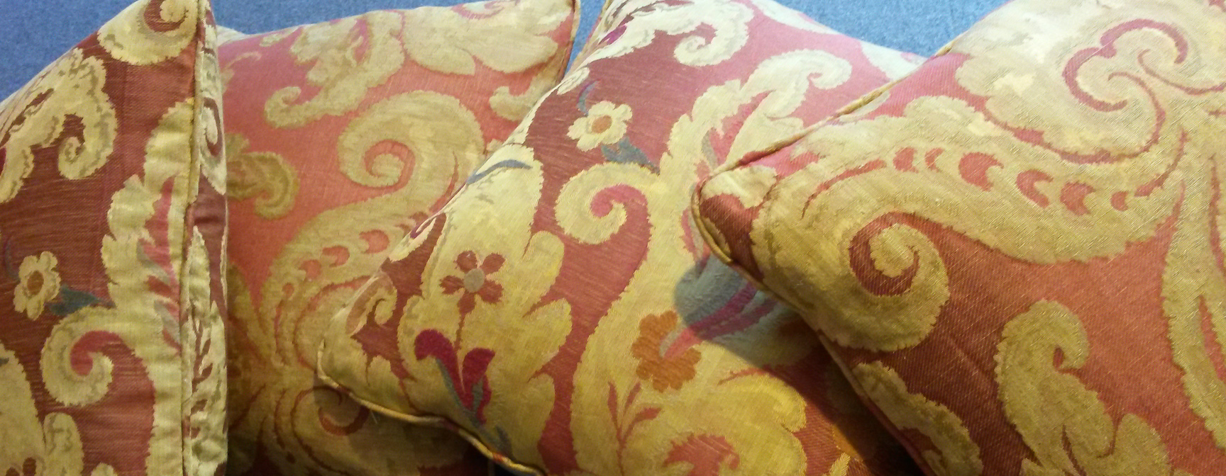 Piped and zipped Zoffany damask cushions - bespoke Gloucestershire