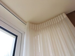Floor to ceiling linen effect voile with wave heading. Gloucestershire curtain maker