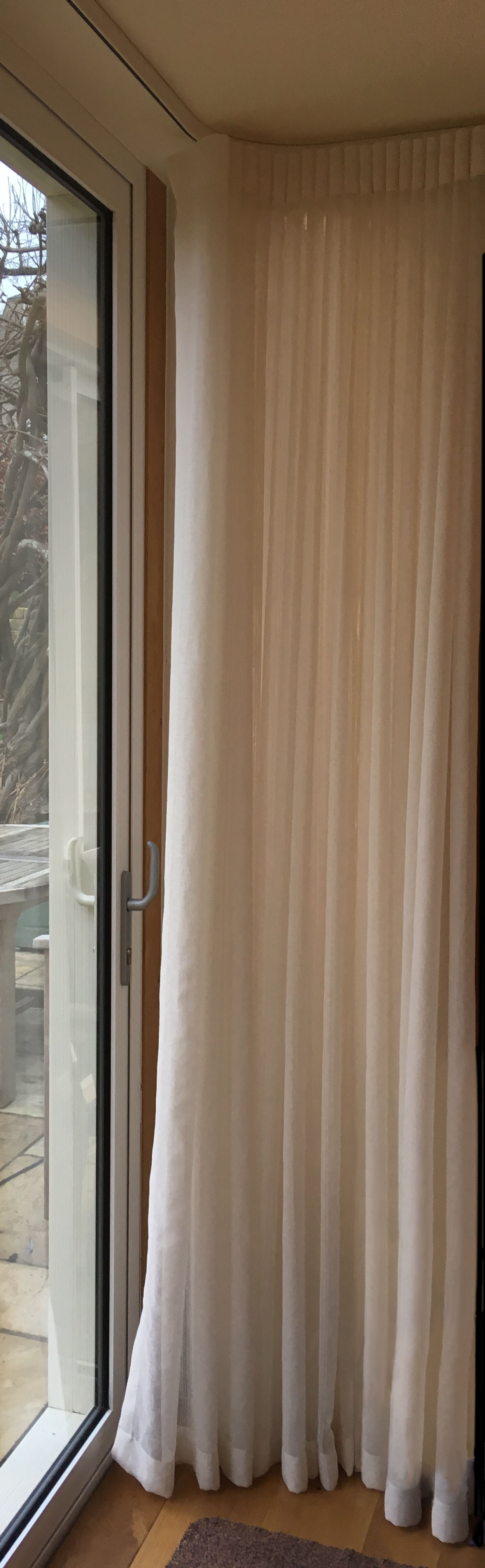 Gloucestershire soft furnishing Floor to ceiling linen effect voile with wave heading