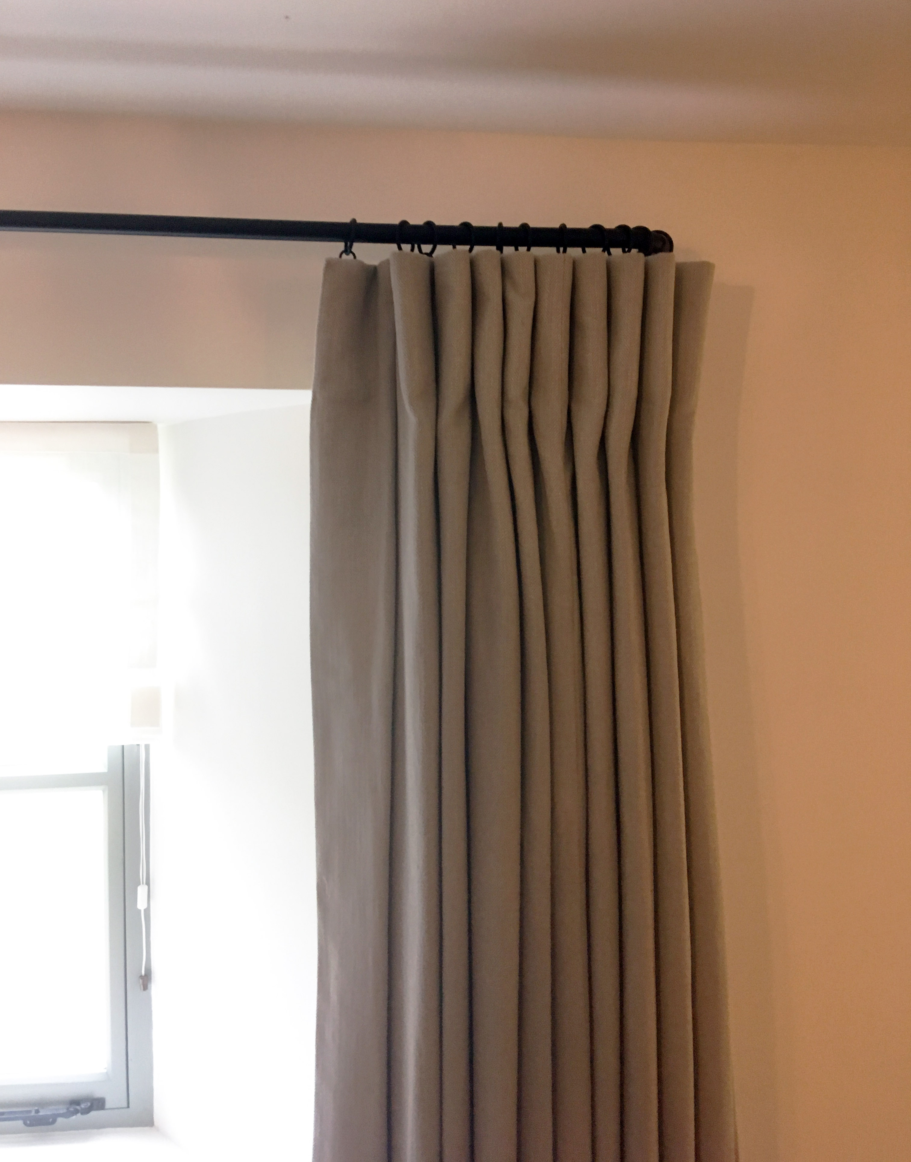 Cotswold Barn conversion near Cheltenham - mock wave curtains on 19mm black French style curtain pole