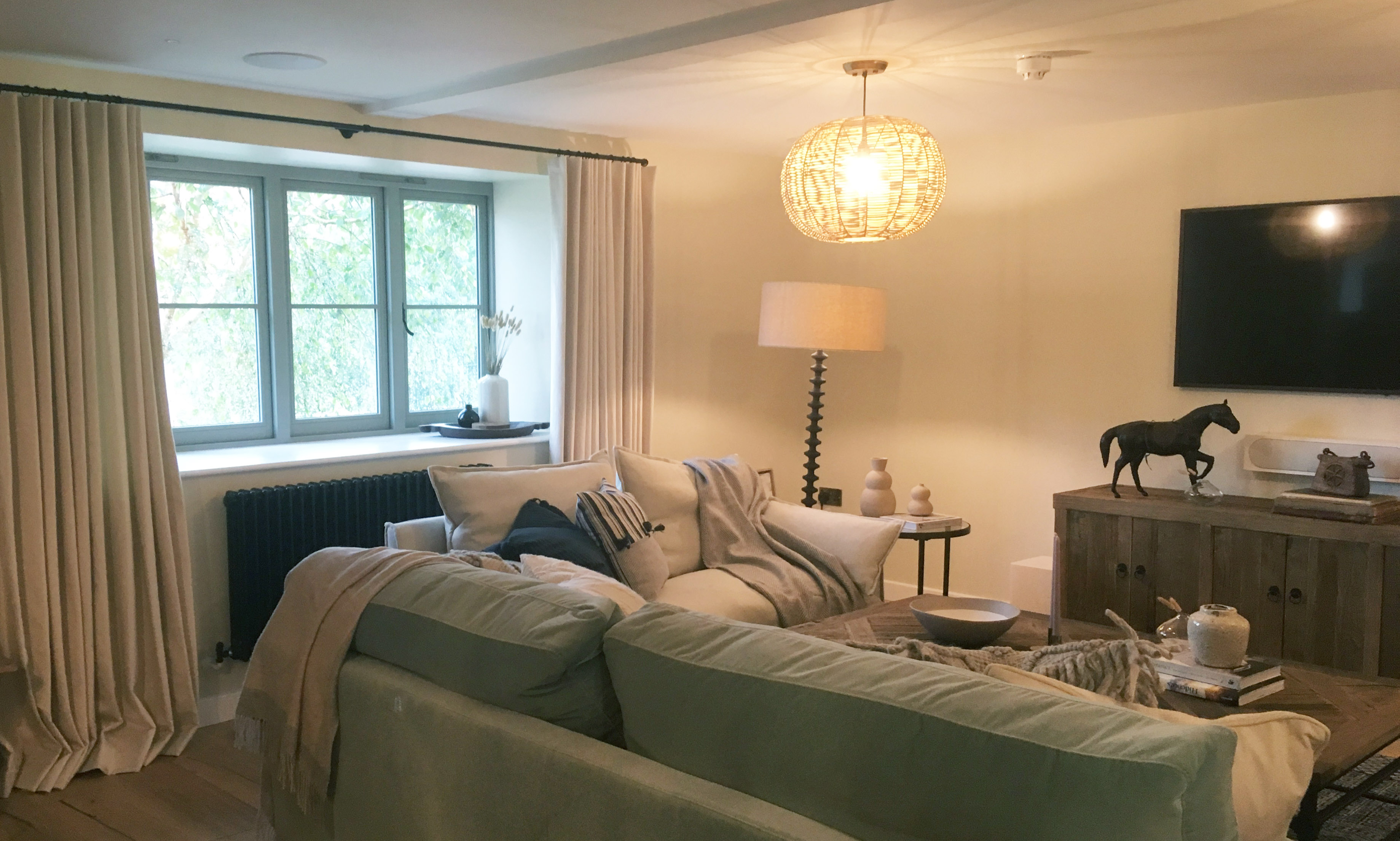 Cotswold Barn - Mock wave curtains in Designers Guild corduroy on French 19mm curtain pole